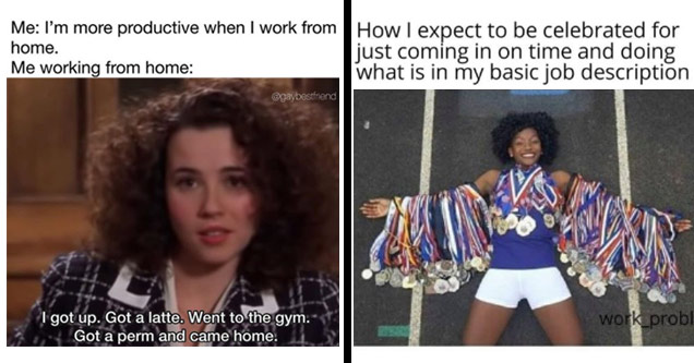 work meme about being more productive working from home and work meme with an Olympian with tons of medals and how an employee wants to be treated for doing normal job