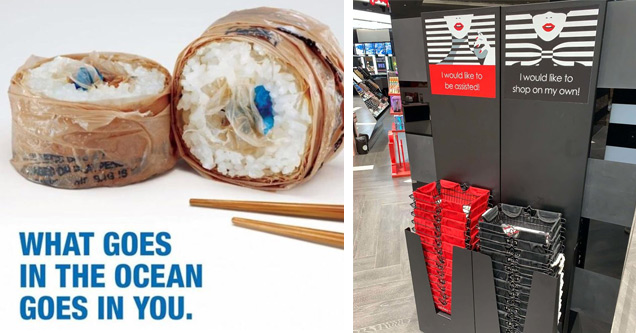 a clever ad with sushi made of trash with text about what goes in ocean goes in you