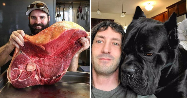 absolute units |a man holding a giant steak and a dog with a huge head