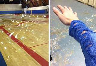 pictures that answer the question what happens in - burst pipes under a basketball court -  strong winds that tore apart a mans sleeve