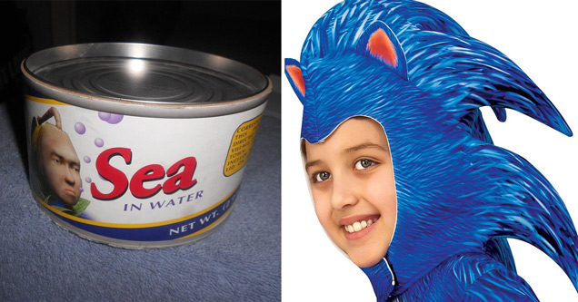 sea in water tuna fish can video game promotional item - kid dressed as sonic the hedgehog costume