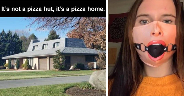 a photo of a pizza hut restaurant thats now a house and a ball gag mask