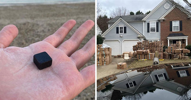 cool things - a square black rock found on the beach - a house with a mountain of packages from Amazon