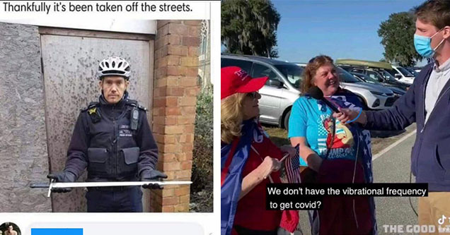 funny comments - thankfully it's been taken off the streets - police officer holding a sword -  we don't have the vibrational frequencies to get covid