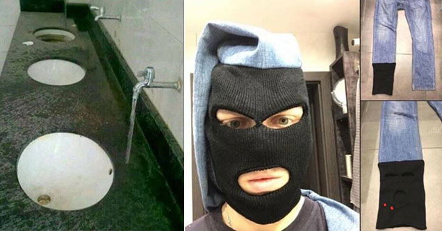 funny fails - bad bathroom sink design - man with denim pants ski mask on his head