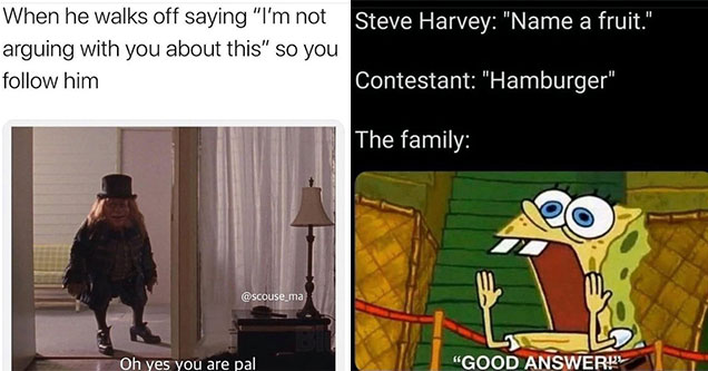 funny pictures and memes | annoying sibling meme - When he walks off saying i'm not arguing with you about this so you follow him | family feud good answer meme spongebob - Steve Harvey