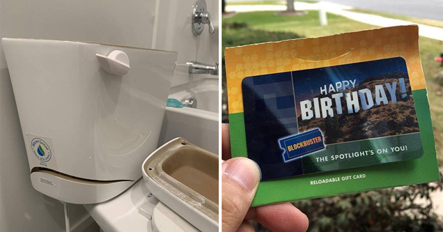 broken toilet water tank - guy holding expired blockbuster gift card