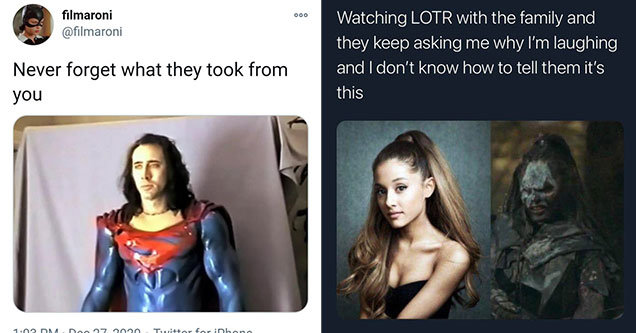 hot takes from twitter -  nic cage as superman -  never forget what they took from you - Ariana Grande looks like the Orc from Lord of the Rings