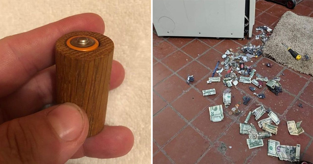 guy holding AA battery inside wooden battery case - dryer machine with lose change and money found inside