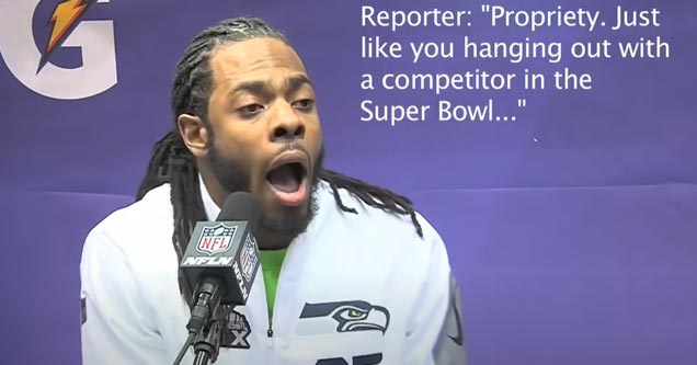 richard sherman in an interview				           Karen richard sherman funny fail wtf nfl Seattle seahawks richard sherman seattle seahawks nfl football live interview funny moment football team