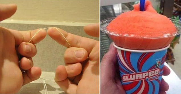 dental floss ring technique - when you realize you've been doing something wrong your entire life - upside down slurpee lid