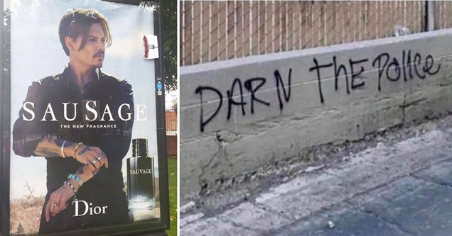 funny graffiti - darn the police - johnny depp sausage cologne