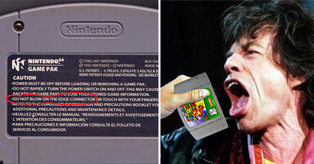 gaming urban legends -  blowing into an N64 cartridge to help it play better - false -  Mic Jagger photoshop