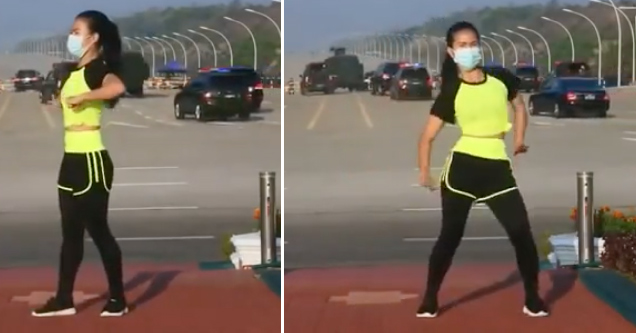 video of woman exercising while myanmar military coup