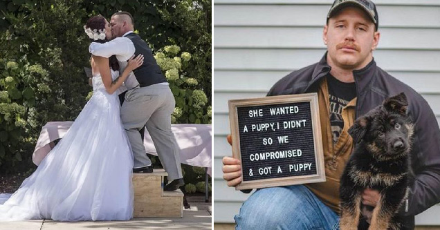 tall bride kissing short groom on step ladder - sad man with dog: she wanted a puppy, I didn't so we compromised and got a puppy