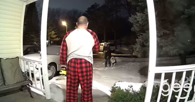 a man in pajamas yelling at his neighbor with a megaphone