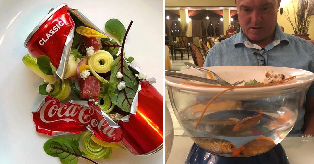 salad served inside a coca-cola can -  man staring at his food served on top of a fish bowl with live fish inside it