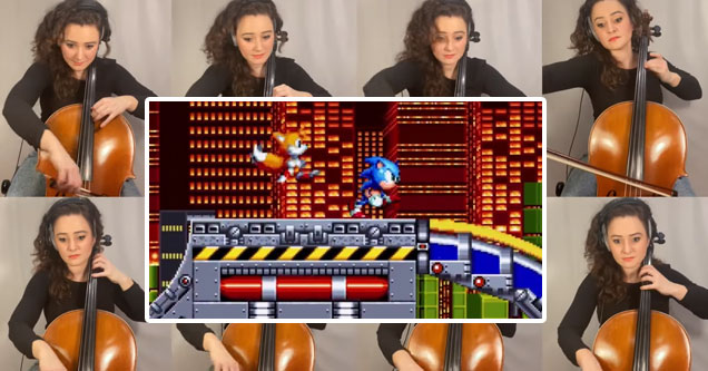 a woman playing sonic theme on 8 cellos