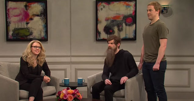 kate mckinnon with jack dorsey and mark zuckerberg