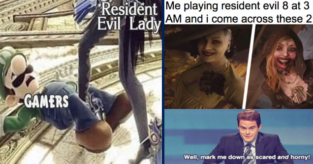 cartoon - Resident Evil Lady Gamers | photo caption - Me playing resident evil 8 at 3 Am and i come across these 2 Well, mark me down as scared and horny!