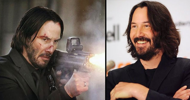 a photo of john wick shooting a gun played by keanu reeves