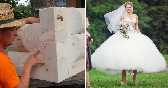 man pointing at elaborate timber joint - funny wedding dress photo