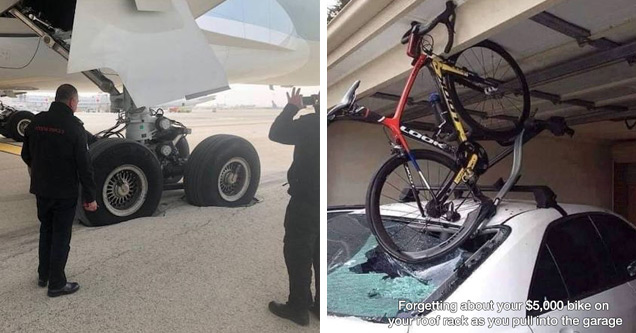 a plane that broke the runway and a bike that broke a windshield