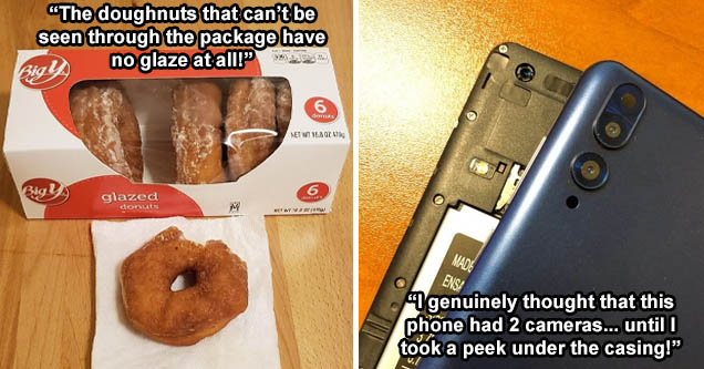 bagel - Perh 330 B. 270 glazed donuts 6 donuts Net Wt 16.8 Oz 4769 Bigys 6 donuts glazed donuts M Net Wt 16.8 Oz 4769 - The doughnuts that can’t be seen through the package have no glaze at all!” | electronics - I genuinely thought that this phone had 2 c