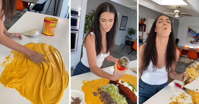 Lady makes nachos like they were Coldstone Creamery and it's gross