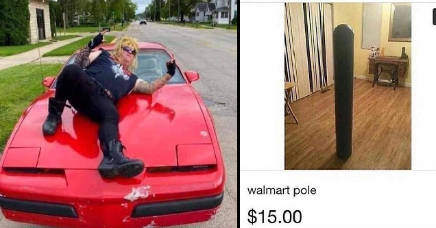 guy siting on top of his red sports car - person selling walmart pole online for $15.00