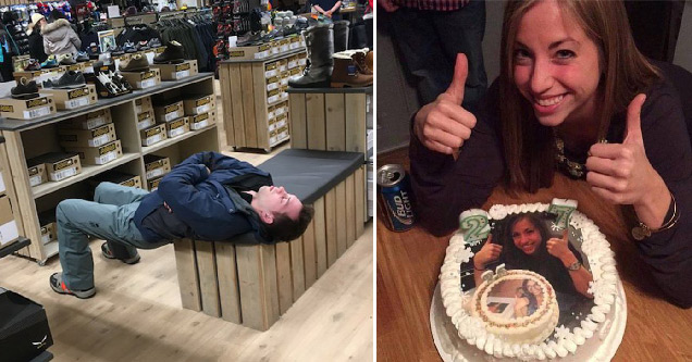 man sleeping uncomfortably on bench in shoe store while waiting for woman - woman giving thumbs up with birthday cake with her face on it