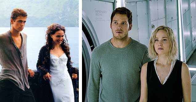 Natalie Portman and Hayden Christiansen in a scene from Star Wars and Chris Pratt and Jennifer Lawrence in Passengers.