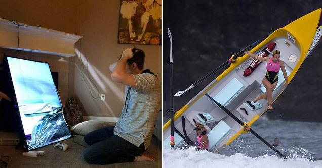 funny epic fail pictures |a guy whos tv fell off the wall and broke and a yellow canoe flipping