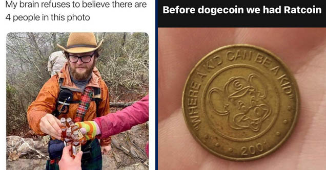 photo caption - My brain refuses to believe there are 4 people in this photo | coin - Before dogecoin we had Ratcoin Gan Be Akts Aku 200