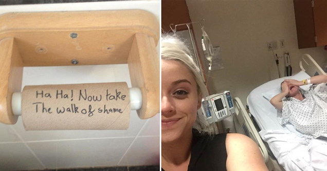 empty toilet paper roll prank. ha ha now take the walk of shame - sister taking a selfie while her sister is in the hospital giving birth