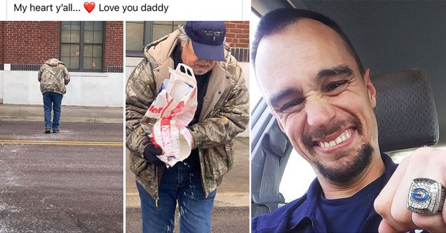 feel good, pics wholesome pictures |guy crying for getting sports ring from high school where he works - dad salting road for daughter