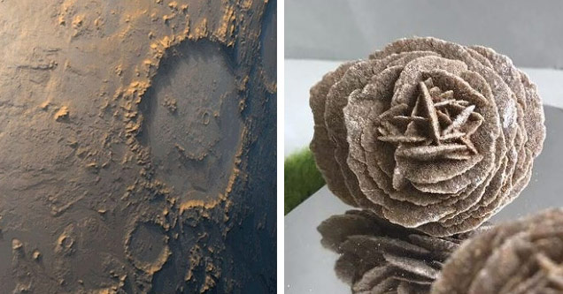 a photo of  smiley face crater on mars and a rose made from desert sand