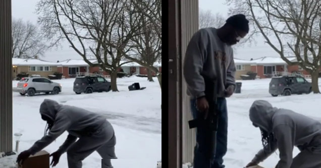 a man holding an assault rifle while a package thief brings his package back