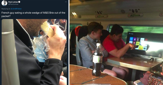 french guy eating a whole wedge of m&2 brie cheese out of the packet - two guys watching a wide screen tv on a train