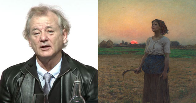 Bill Murray on stage at a London Press conference talking about how a painting saved his life next to the painting of the song of the lark