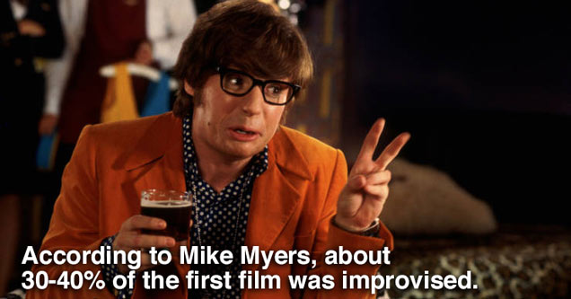 Mike Myers in character as Austin Powers doing the peace sign with the text 'according to mike myers, about 30-40 percent of the first film was improvised