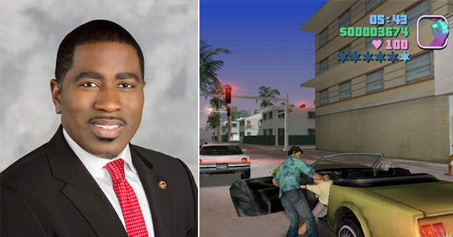 Illinois rep Marcus C. Evans Jr wants to ban the sale of violent video games after rise in carjackings -  picture of Marcus Evan Jr in a suit -  GTA screenshot of a carjacking