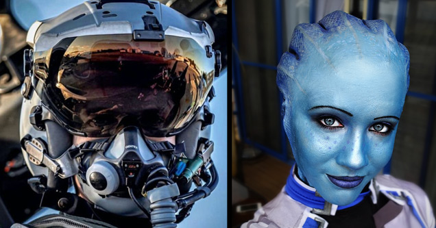 funny memes, funny pics | a jet fighter helmet and a woman in fight element cosplay