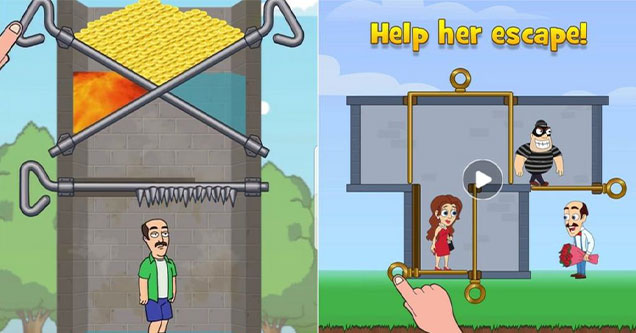 mobile game ads nothing like the game -  man trapped in a series of boobytraps -  help her escape