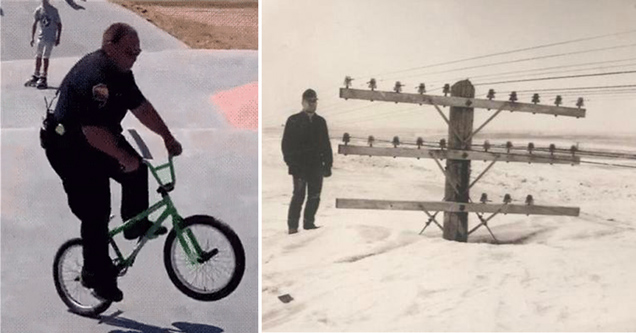 police officer riding a bmx bike - guy standing on top of huge pile of snow next to powerlines