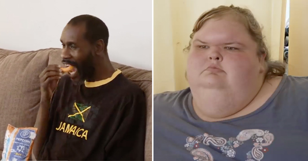 guy eating cheetos on the couch while his overweight girlfriend watches him