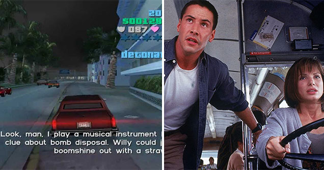 levels and mission based on books and movies -  A mission from GTA Vice City that is based on the movie Speed with Keanue Reeves and Sandra Bullock