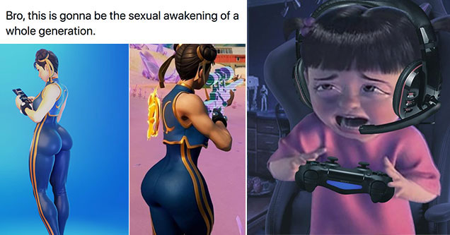 funny gaming memes - bro this is going to cause an entire generation of sexual awakening - Chun-Li Fortnite skin - Boo monsters ink crying photoshop