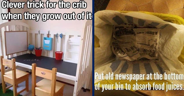 crib to desk - Clever trick for the crib when they grow out of it | newspaper lifehack - wastega Put old newspaper at the bottom of your bin to absorb food juices.