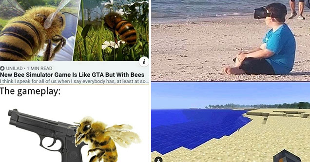 video game memes -  new bee simulator game is like GTA V but with bee - gameplay - bee holding a gun -  fat kid sitting on the beach wearing a VR headset -  minecraft beach pov